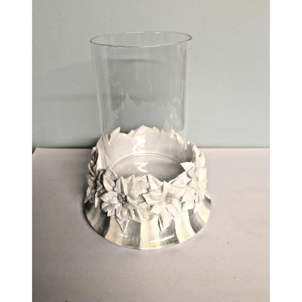 Mackenzie Childs Crystal Palace Sterling Stripe Poinsettia Pillar Candle Holder